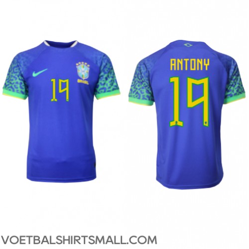 Brazilië Antony #19 Voetbalkleding Uitshirt WK 2022 Korte Mouwen